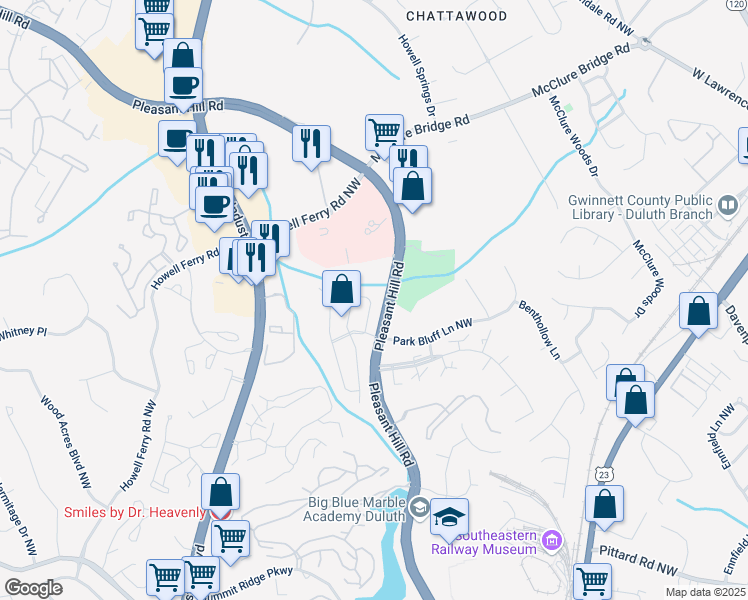 map of restaurants, bars, coffee shops, grocery stores, and more near 3745 Meeting Street Northwest in Duluth