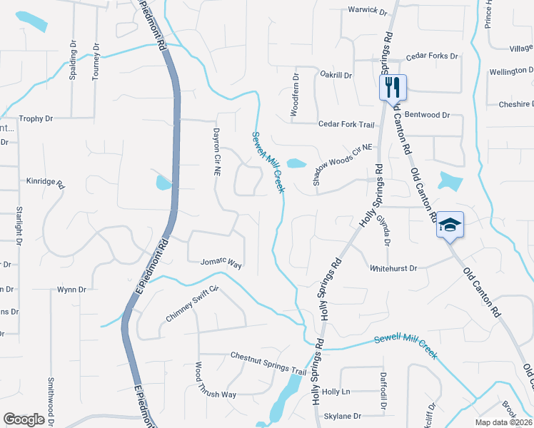 map of restaurants, bars, coffee shops, grocery stores, and more near 2397 Worchester Way in Marietta