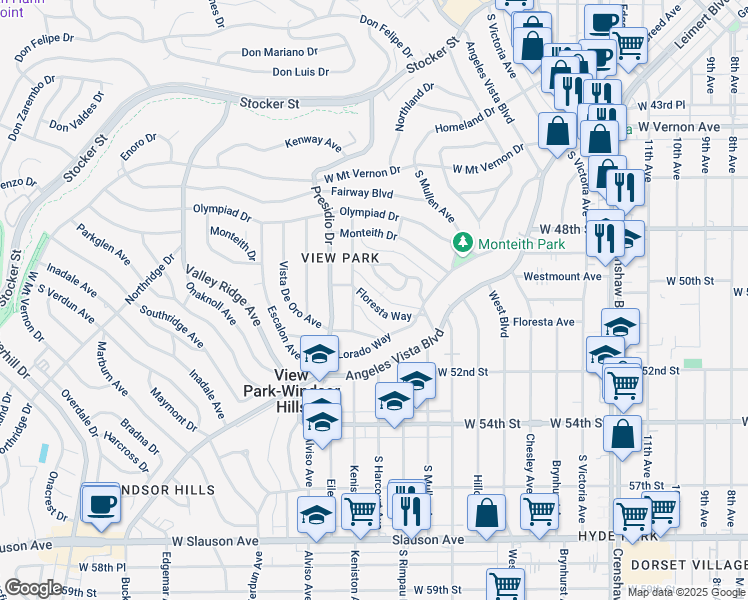 map of restaurants, bars, coffee shops, grocery stores, and more near 3763 Floresta Way in View Park-Windsor Hills