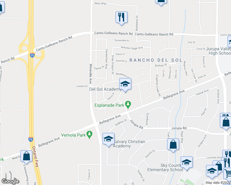 map of restaurants, bars, coffee shops, grocery stores, and more near 11662 Salvia Street in Jurupa Valley
