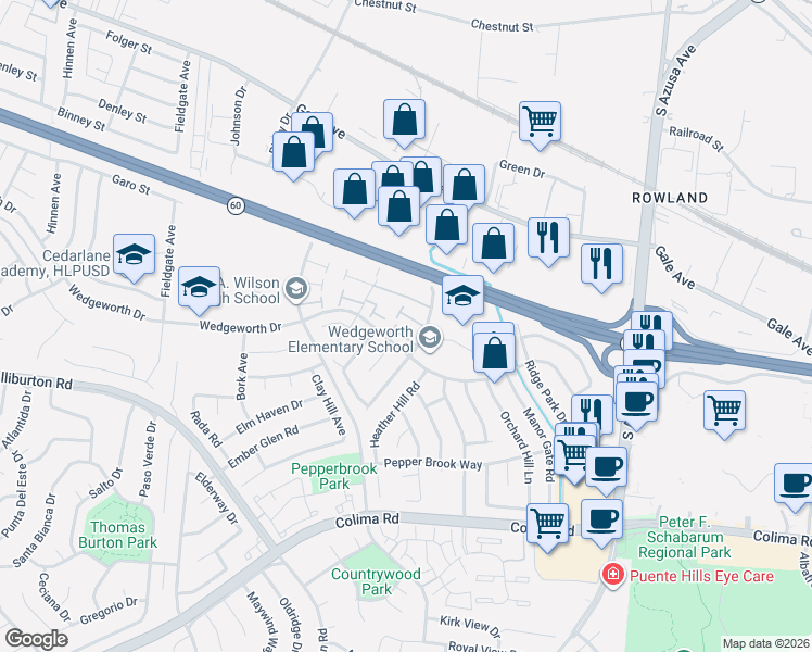 map of restaurants, bars, coffee shops, grocery stores, and more near 1443 Eagle Park Road in Hacienda Heights