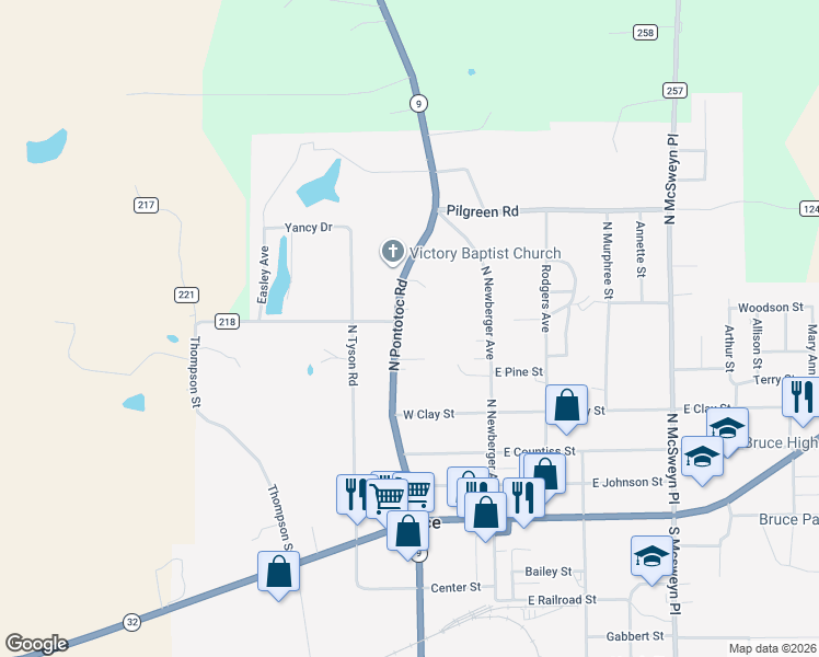 map of restaurants, bars, coffee shops, grocery stores, and more near 350 North Pontotoc Road in Bruce