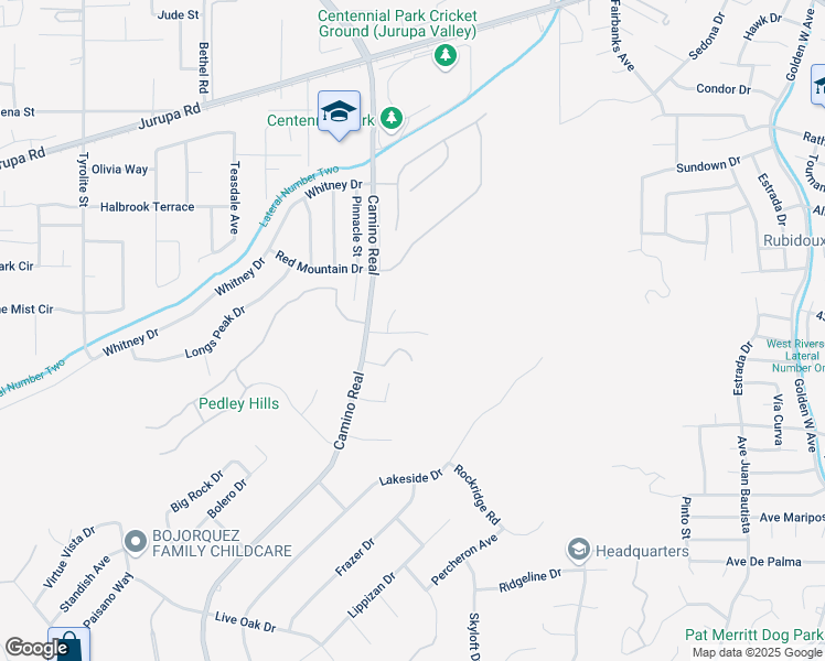 map of restaurants, bars, coffee shops, grocery stores, and more near 7413 Pebblewood Court in Riverside