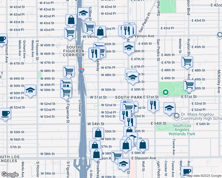 map of restaurants, bars, coffee shops, grocery stores, and more near 209 1/2 West 50th Street in Los Angeles
