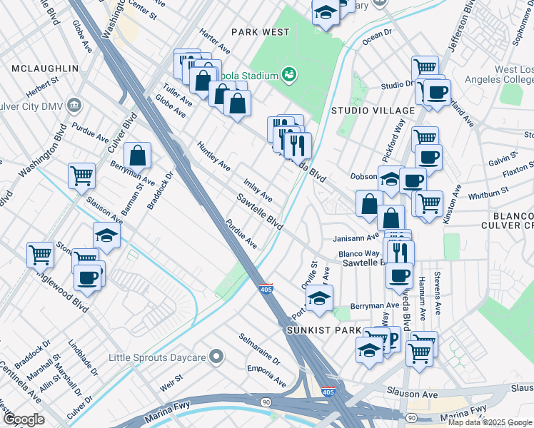 map of restaurants, bars, coffee shops, grocery stores, and more near 5015 Sawtelle Boulevard in Culver City