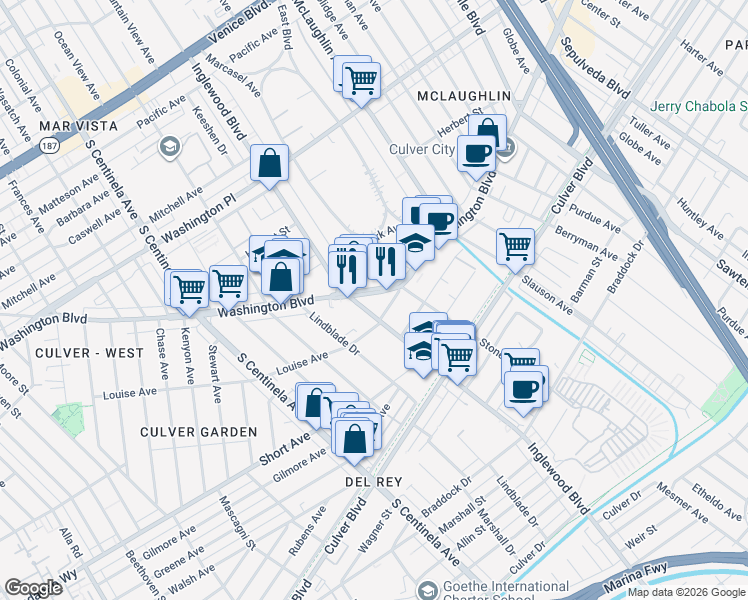 map of restaurants, bars, coffee shops, grocery stores, and more near 11928 Washington Boulevard in Los Angeles
