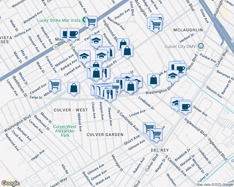map of restaurants, bars, coffee shops, grocery stores, and more near 12231 West Washington Boulevard in Los Angeles