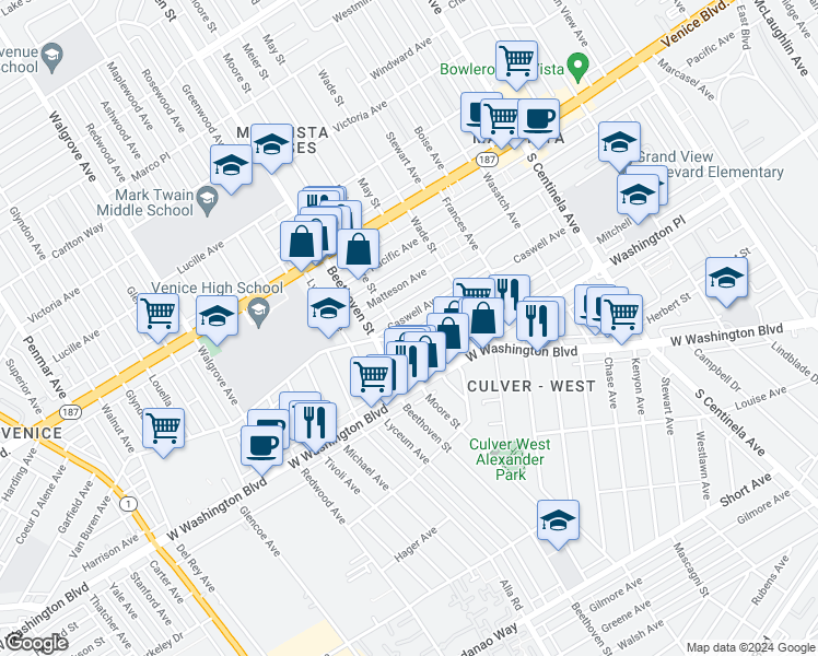 map of restaurants, bars, coffee shops, grocery stores, and more near 3939 Moore Street in Los Angeles