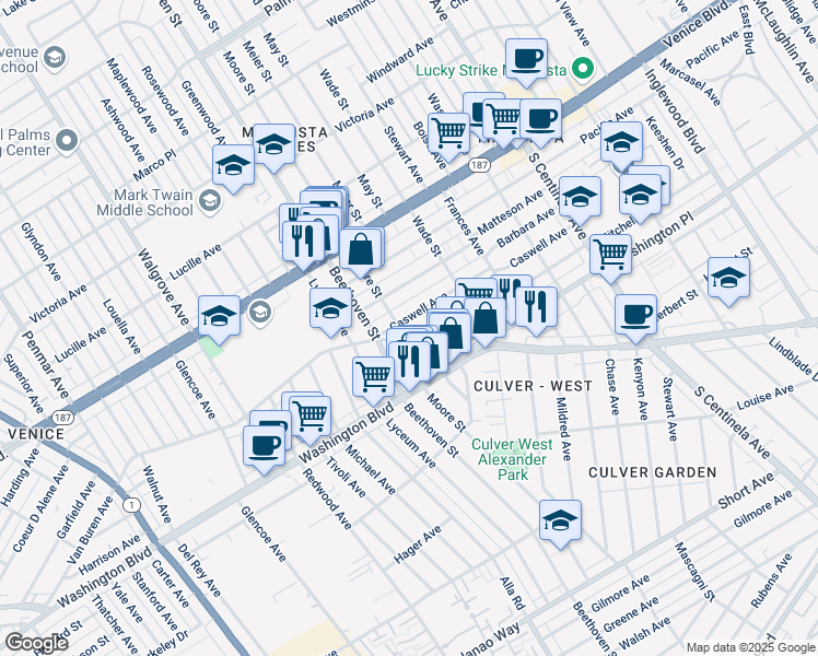 map of restaurants, bars, coffee shops, grocery stores, and more near 3939 Moore Street in Los Angeles