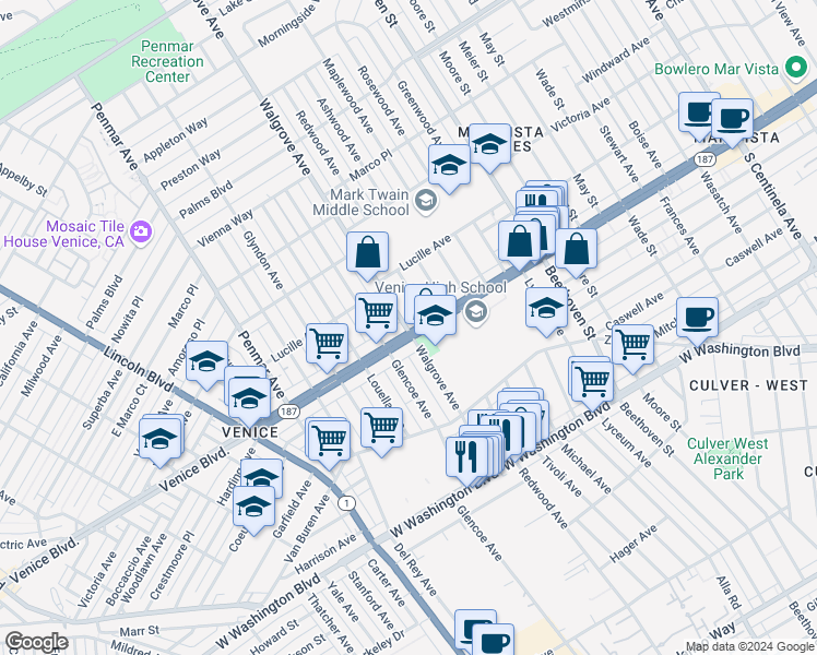 map of restaurants, bars, coffee shops, grocery stores, and more near 13267 Venice Boulevard in Los Angeles