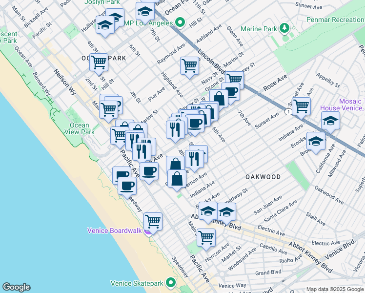map of restaurants, bars, coffee shops, grocery stores, and more near 412 Rose Avenue in Los Angeles