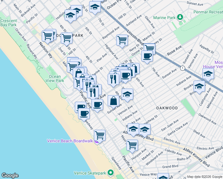 map of restaurants, bars, coffee shops, grocery stores, and more near 345 Rose Avenue in Los Angeles