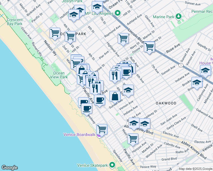 map of restaurants, bars, coffee shops, grocery stores, and more near 345 Rose Avenue in Los Angeles
