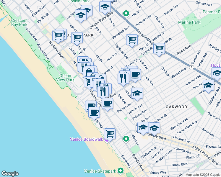 map of restaurants, bars, coffee shops, grocery stores, and more near 234 Hampton Drive in Los Angeles