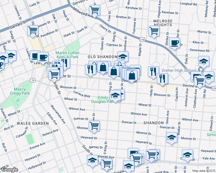 map of restaurants, bars, coffee shops, grocery stores, and more near 619 King Street in Columbia