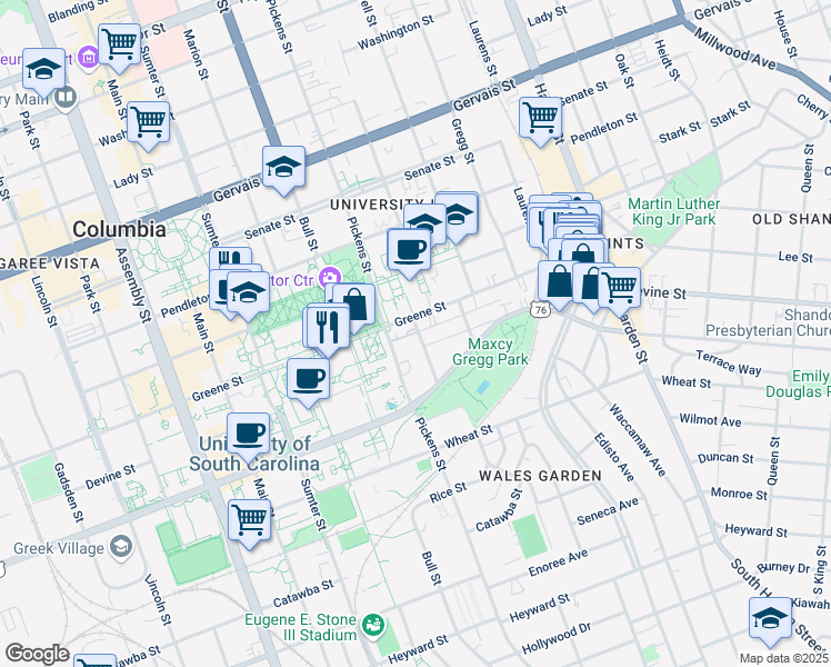 map of restaurants, bars, coffee shops, grocery stores, and more near 709 Henderson Street in Columbia