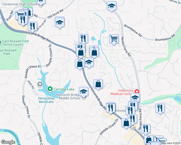 map of restaurants, bars, coffee shops, grocery stores, and more near 7 Elan Court in Alpharetta