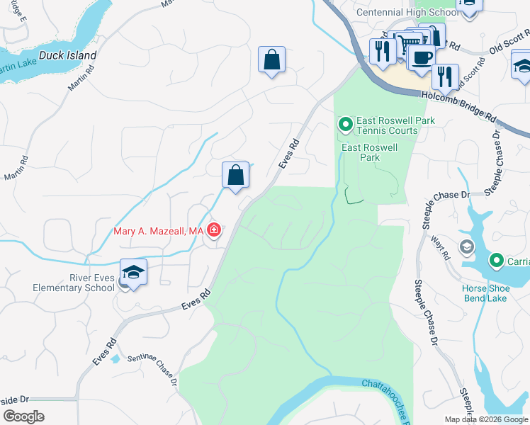 map of restaurants, bars, coffee shops, grocery stores, and more near 3315 Canyon Point Circle in Roswell
