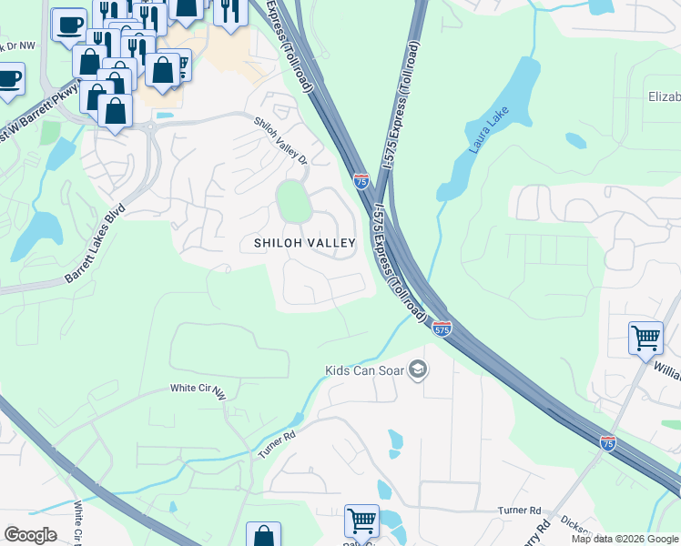 map of restaurants, bars, coffee shops, grocery stores, and more near 105 McCook Way Northwest in Kennesaw