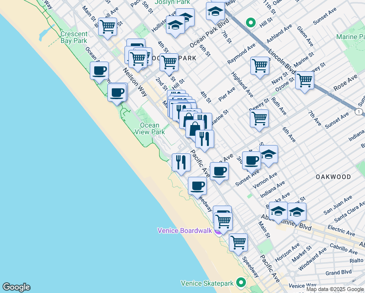 map of restaurants, bars, coffee shops, grocery stores, and more near 3355 Barnard Way in Santa Monica