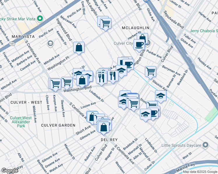 map of restaurants, bars, coffee shops, grocery stores, and more near 11924 Washington Boulevard in Los Angeles
