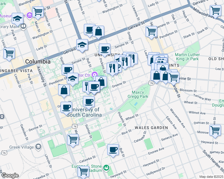 map of restaurants, bars, coffee shops, grocery stores, and more near 709 Henderson Street in Columbia