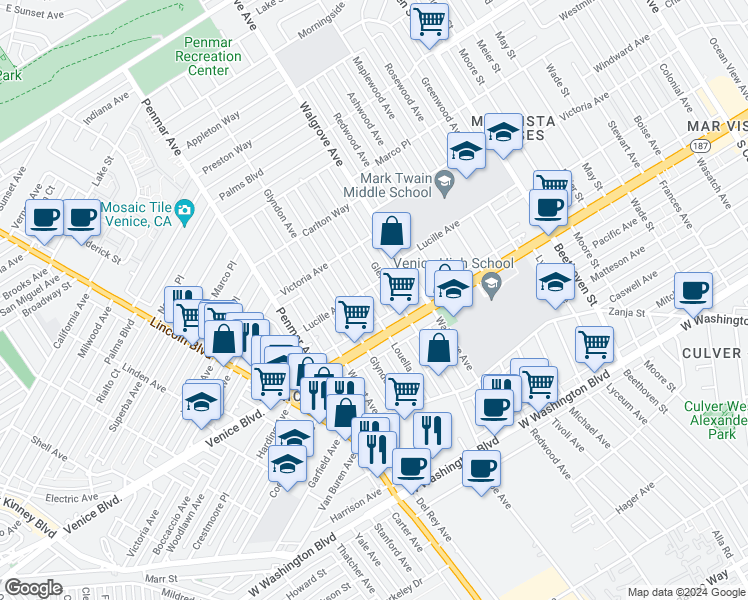 map of restaurants, bars, coffee shops, grocery stores, and more near 2312 Louella Avenue in Los Angeles