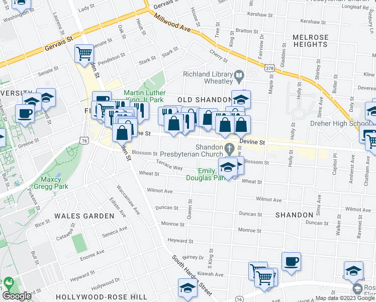 map of restaurants, bars, coffee shops, grocery stores, and more near 2411 Blossom Street in Columbia