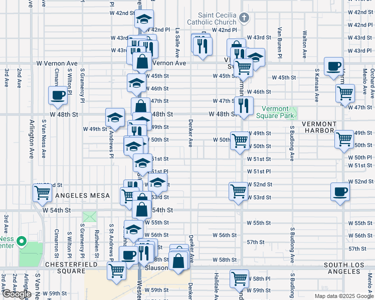 map of restaurants, bars, coffee shops, grocery stores, and more near 5023 Denker Avenue in Los Angeles