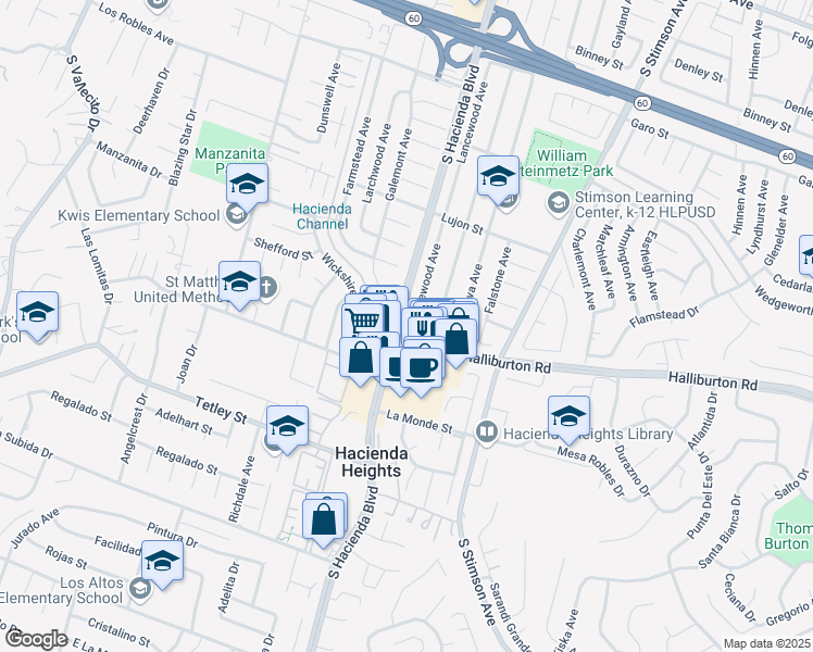 map of restaurants, bars, coffee shops, grocery stores, and more near 1949 Lancewood Avenue in La Puente