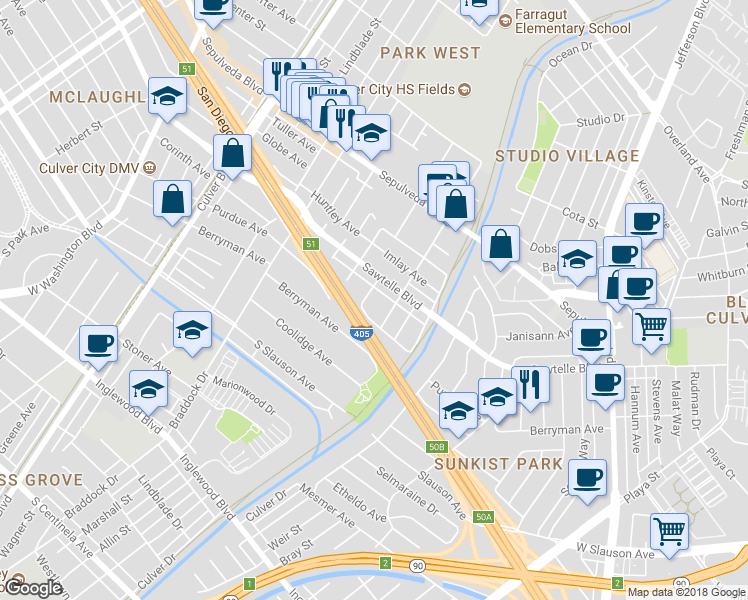 map of restaurants, bars, coffee shops, grocery stores, and more near 11328 Youngworth Street in Culver City