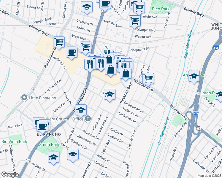 map of restaurants, bars, coffee shops, grocery stores, and more near 9220 Verner Street in Pico Rivera