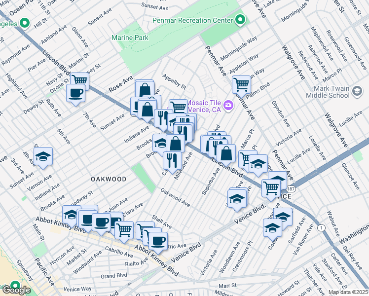 map of restaurants, bars, coffee shops, grocery stores, and more near 1411 Lincoln Boulevard in Los Angeles