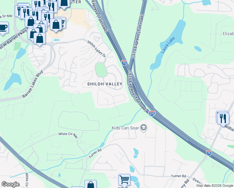 map of restaurants, bars, coffee shops, grocery stores, and more near 105 McCook Way Northwest in Kennesaw