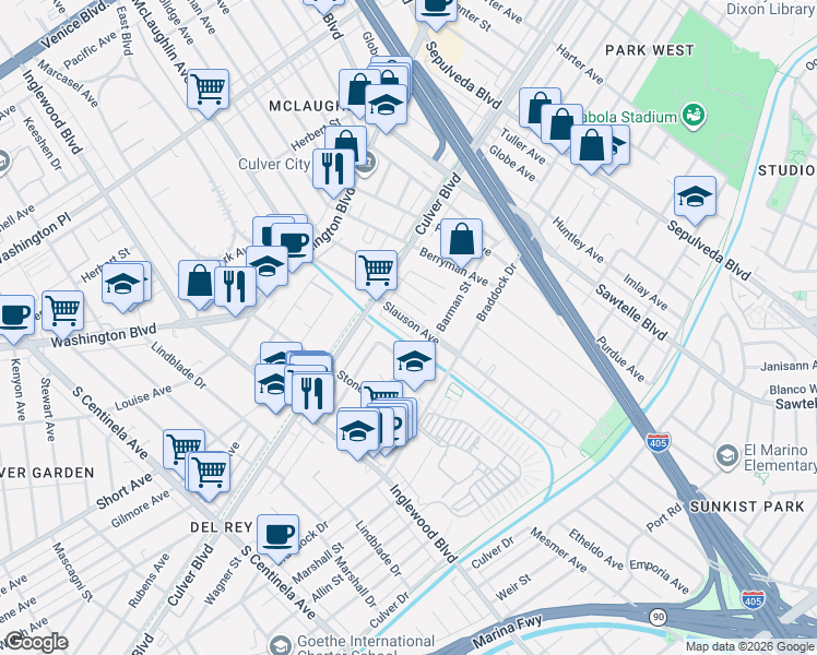 map of restaurants, bars, coffee shops, grocery stores, and more near 4455 South Slauson Avenue in Culver City
