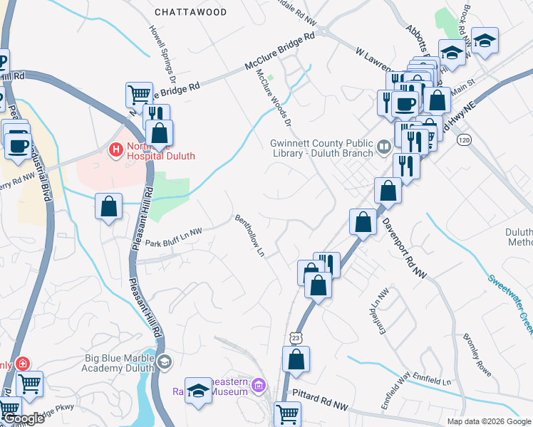 map of restaurants, bars, coffee shops, grocery stores, and more near 3555 Parkbrooke Lane in Duluth
