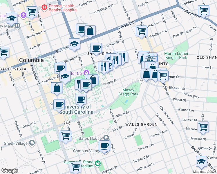 map of restaurants, bars, coffee shops, grocery stores, and more near 709 Henderson Street in Columbia