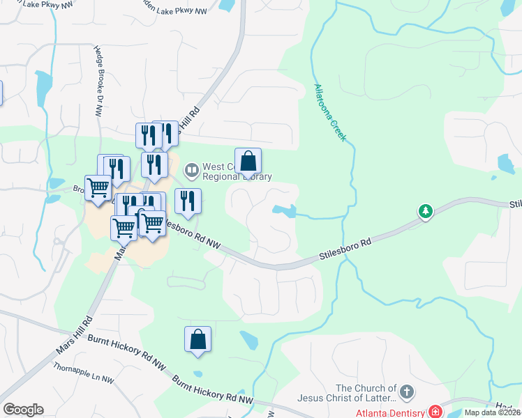 map of restaurants, bars, coffee shops, grocery stores, and more near 1822 Mountain Lake Drive Northwest in Kennesaw
