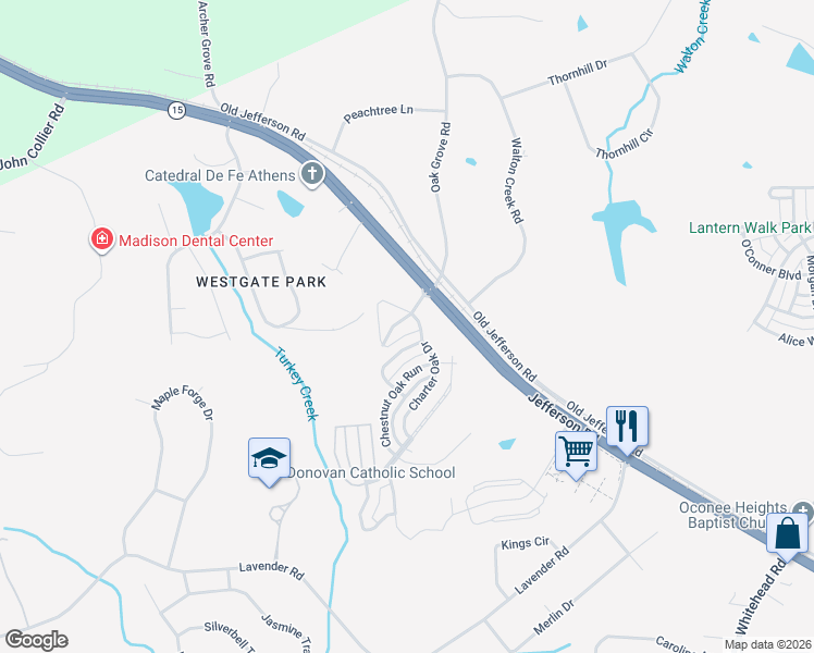 map of restaurants, bars, coffee shops, grocery stores, and more near 5 Oak Grove Road in Athens