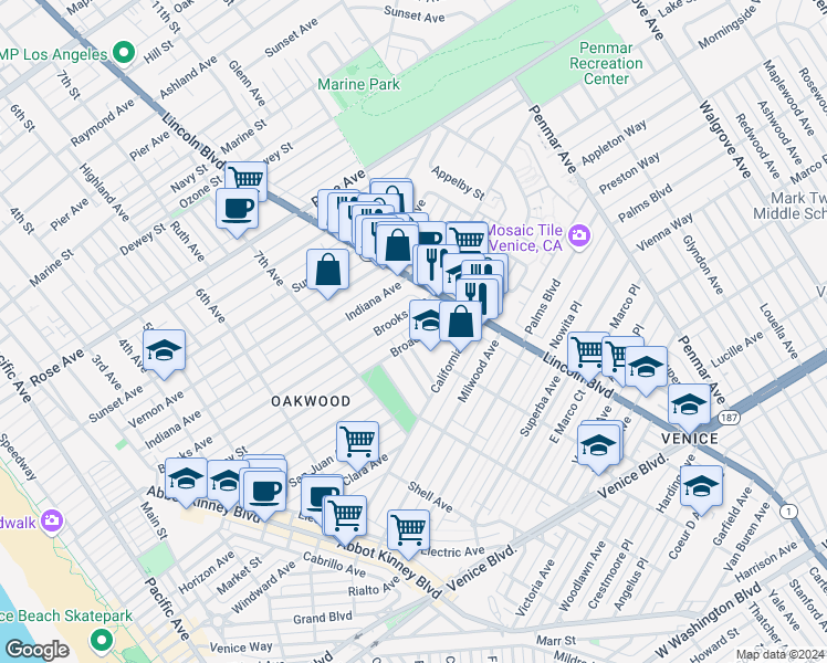 map of restaurants, bars, coffee shops, grocery stores, and more near 825 Broadway Street in Los Angeles