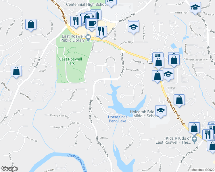 map of restaurants, bars, coffee shops, grocery stores, and more near 125 Beech Lake Court in Roswell