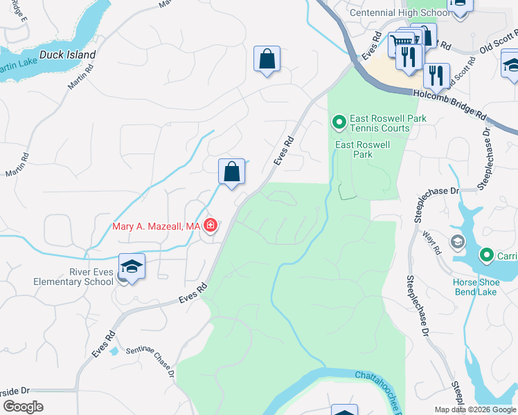 map of restaurants, bars, coffee shops, grocery stores, and more near 655 River Falls Ct in Roswell