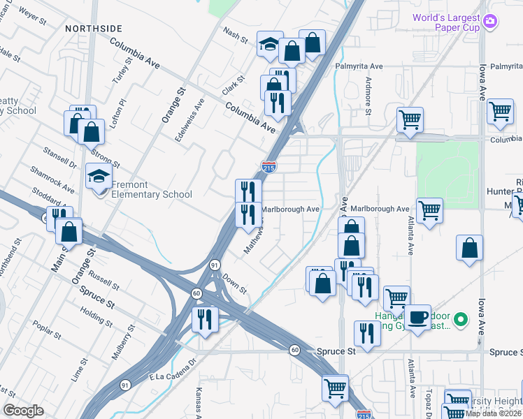 map of restaurants, bars, coffee shops, grocery stores, and more near 2059 Marlborough Avenue in Riverside