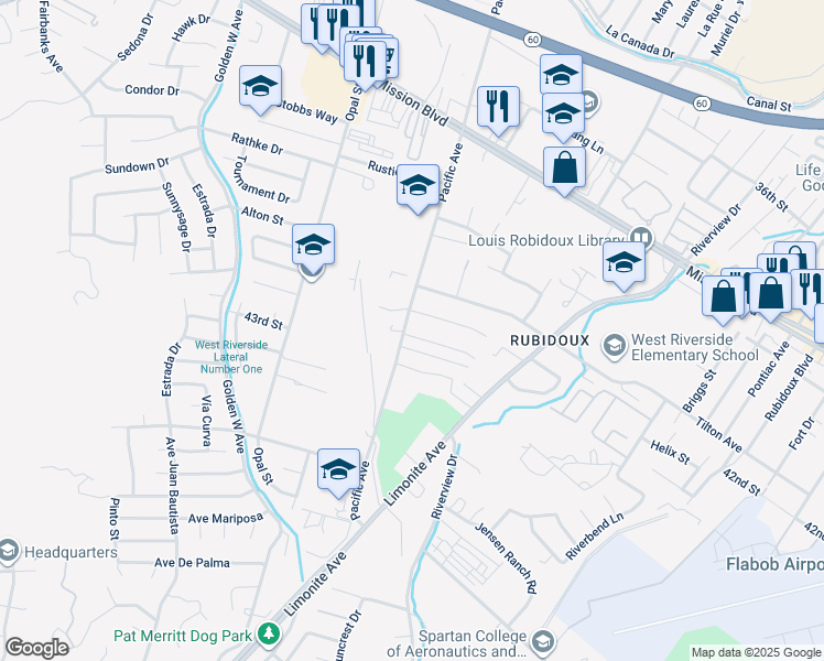 map of restaurants, bars, coffee shops, grocery stores, and more near 6089 Vista De Oro in Riverside