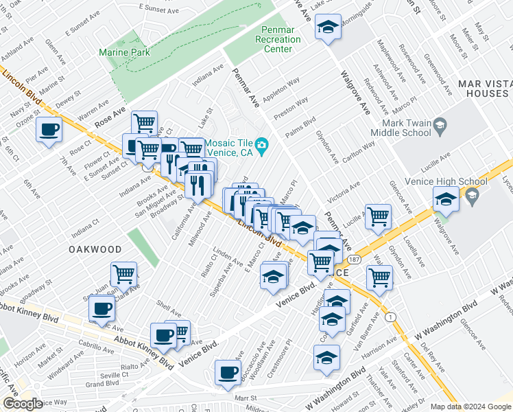 map of restaurants, bars, coffee shops, grocery stores, and more near 1032 Nowita Place in Los Angeles