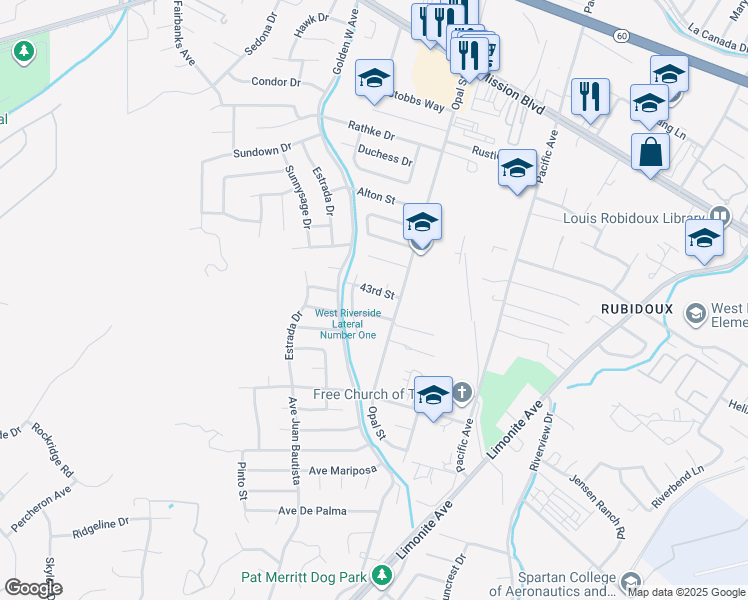 map of restaurants, bars, coffee shops, grocery stores, and more near 6354 43rd Street in Riverside
