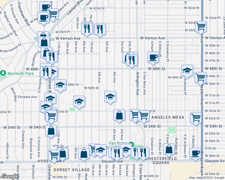 map of restaurants, bars, coffee shops, grocery stores, and more near 5013 4th Ave in Los Angeles