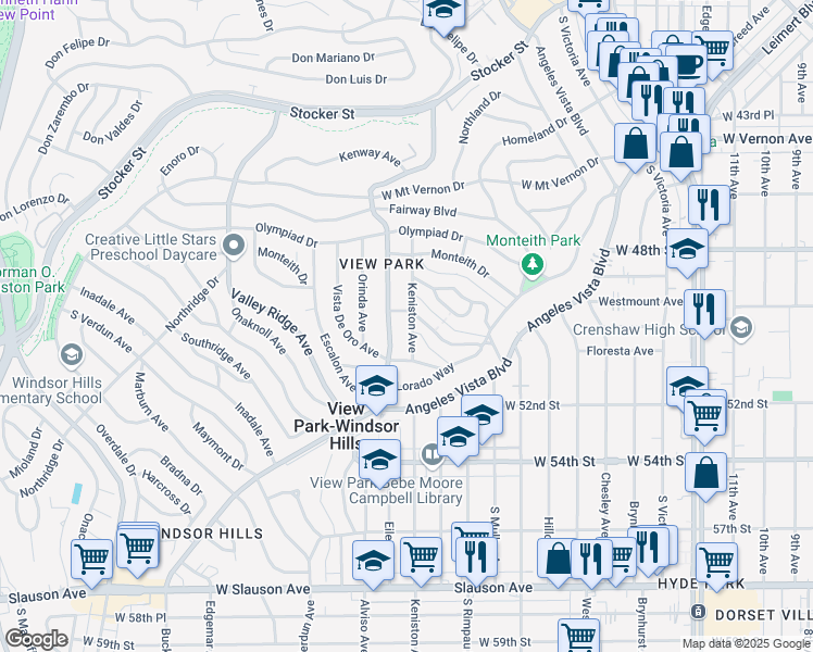 map of restaurants, bars, coffee shops, grocery stores, and more near 4815 Keniston Avenue in View Park-Windsor Hills