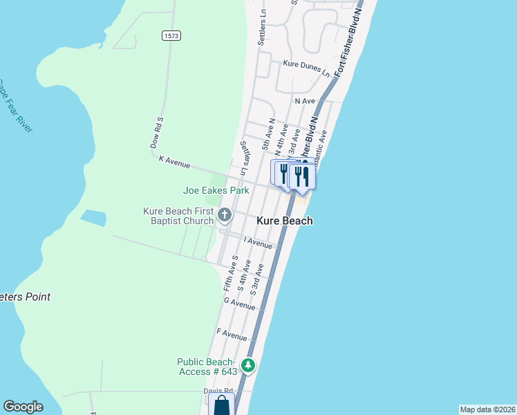 map of restaurants, bars, coffee shops, grocery stores, and more near 125 South 4th Avenue in Kure Beach