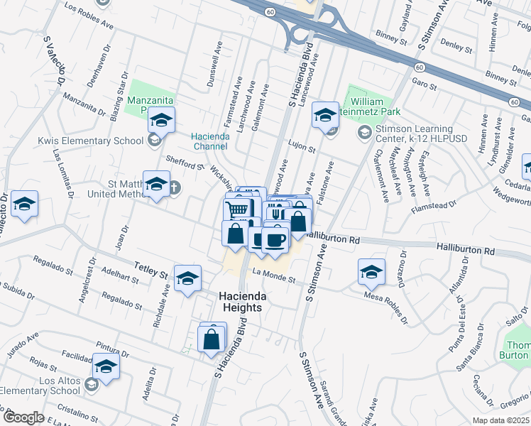 map of restaurants, bars, coffee shops, grocery stores, and more near 1949 Lancewood Avenue in La Puente